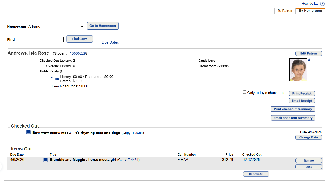 Check Out page showing Checked Out and Items Out sections.